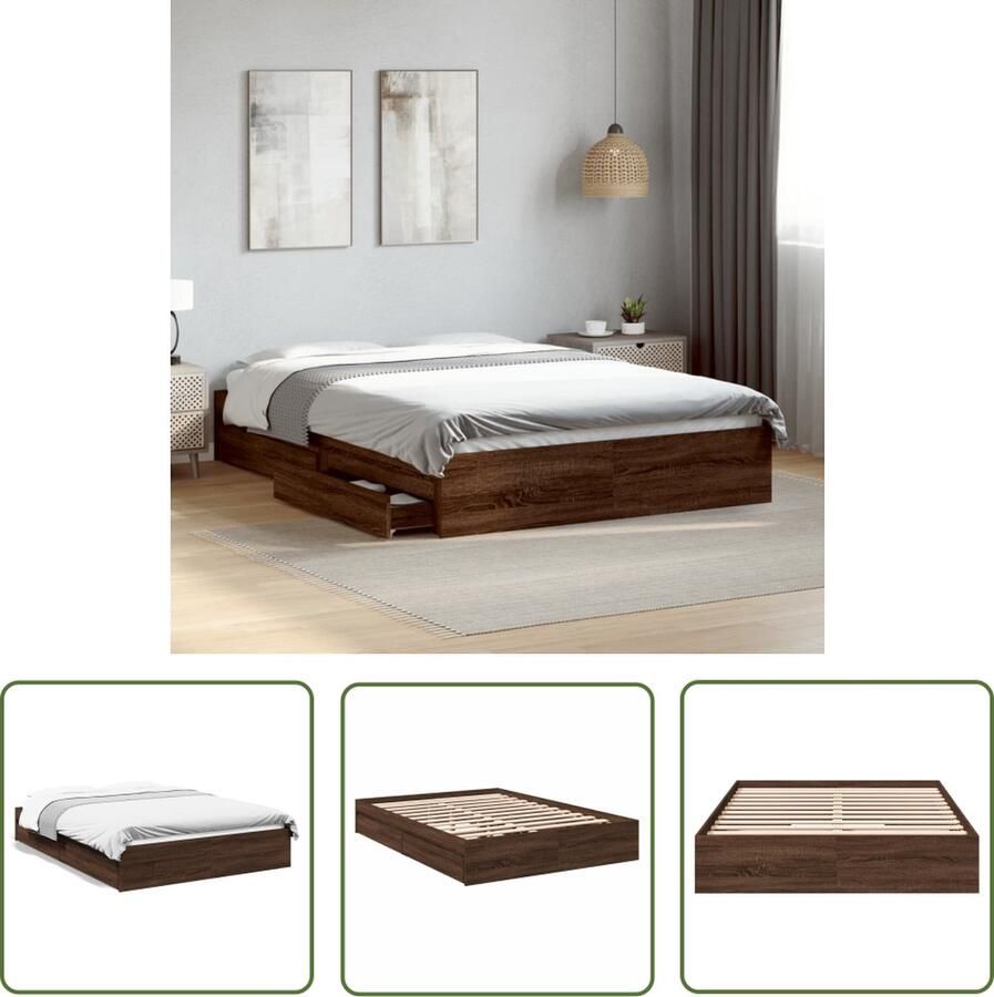 The Living Store Bedframe met lades bewerkt hout bruin eikenkleurig 140x190 cm Modern Bed Frame Houten Bed Frame Bed Met Lades Bruine Bed Frame Tweepersoons Bed Frame