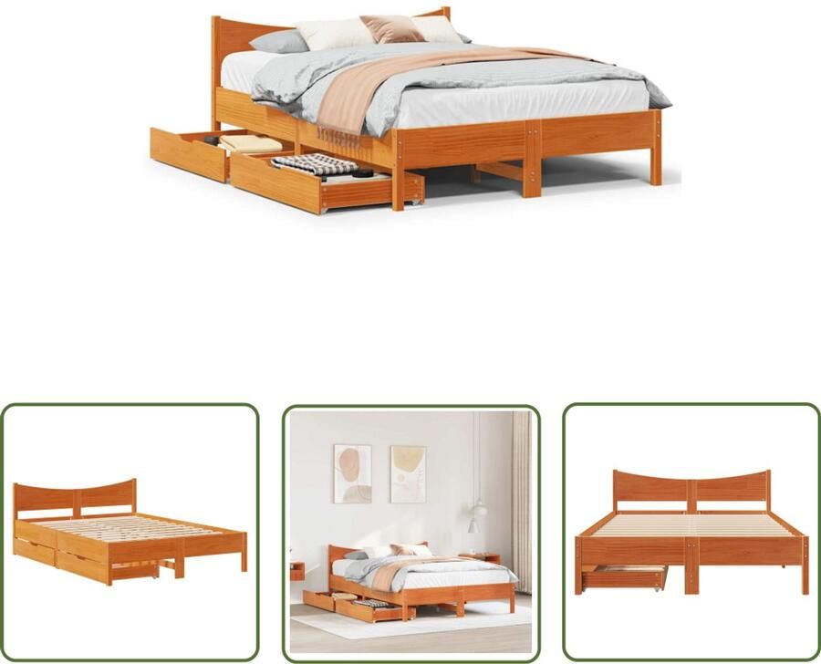 The Living Store Bedframe met lades massief grenenhout wasbruin 140x190 cm Slaapcomfort Houten Bed Bedframe Boxspring Tweepersoonsbed