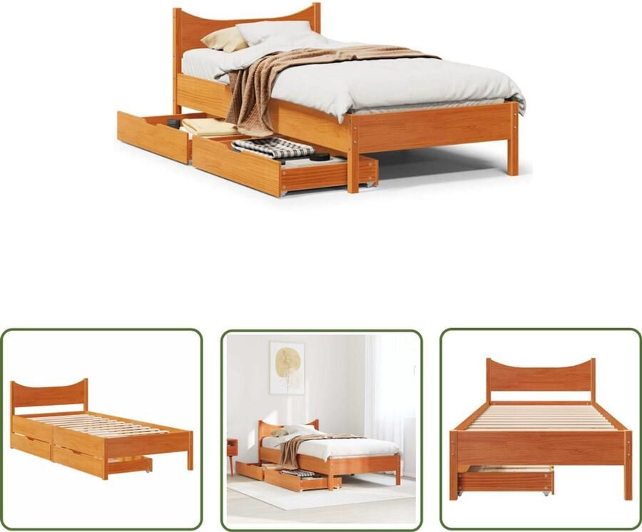 The Living Store Bedframe met lades massief grenenhout wasbruin 90x200 cm Bedframe Houten Bed Tweepersoonsbed Stapelbare Laden Slaapcomfort