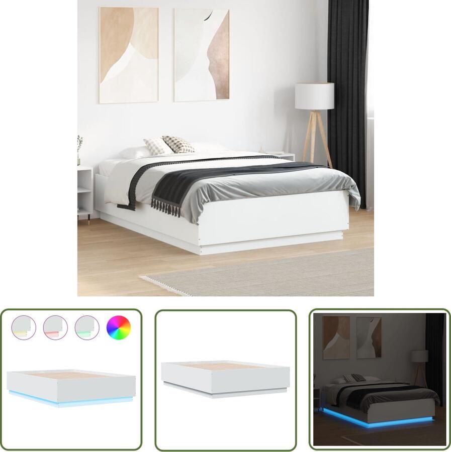 The Living Store Bedframe met LED-verlichting bewerkt hout wit 140x190 cm LED Bed Frame Slaapcomfort RGB Verlichting Houten Bedframe Tweepersoons Bed