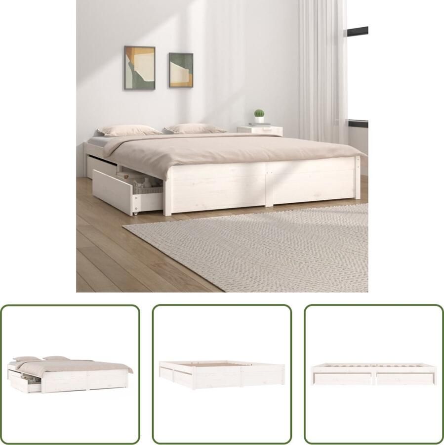 The Living Store Bedframe met Opbergfunctie 195.5 x 125.5 x 31 cm Massief grenenhout Wit Bed Frame Hout Bed Grenenhouten Bed Tweepersoons Bed Boxspring Bed