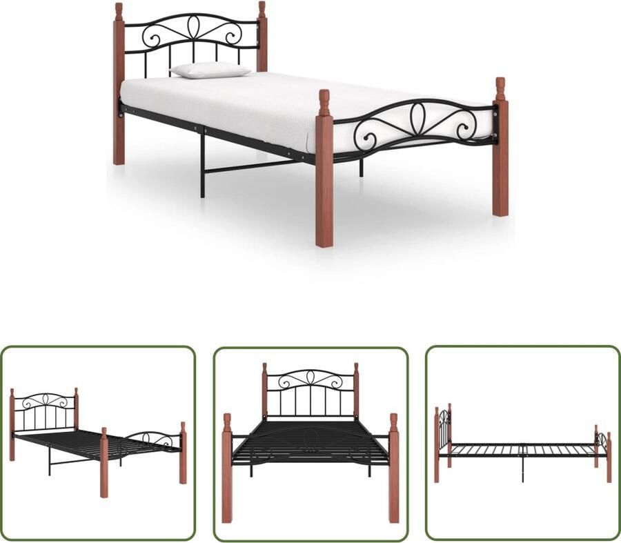 The Living Store Bedframe metaal en massief eikenhout zwart 100x200 cm Bedframe Bedframes Bed Bedden Frame Frames Eenpersoonsbed Eenpersoonsbedden Bedombouw Bedombouwen Metalen Bed