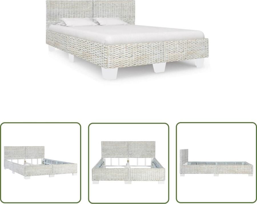 The Living Store Bedframe natuurlijk rattan grijs 140x200 cm Rattan Bedframe Houten Bed Tweepersoons Bed Grijs Bed Exotiek Slaapkamer