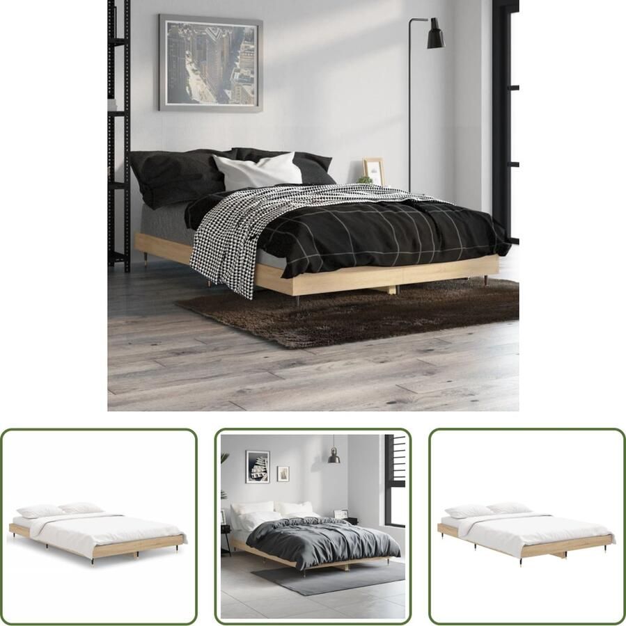 The Living Store Bedframe Sonoma Eiken 193 x 123 x 20 cm Multiplex lattenbodem Bedframe Houten Bed Sonomaplank Bed Tweepersoons Bed Boxspring Bed