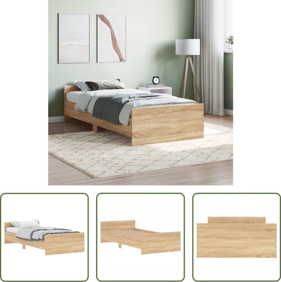 The Living Store Bedframe Sonoma Eiken 203 x 103 x 50 cm Duurzaam hout Functioneel hoofd- en voeteneinde Multiplex lattenbodem Matras niet inbegrepen Montage vereist - Foto 2