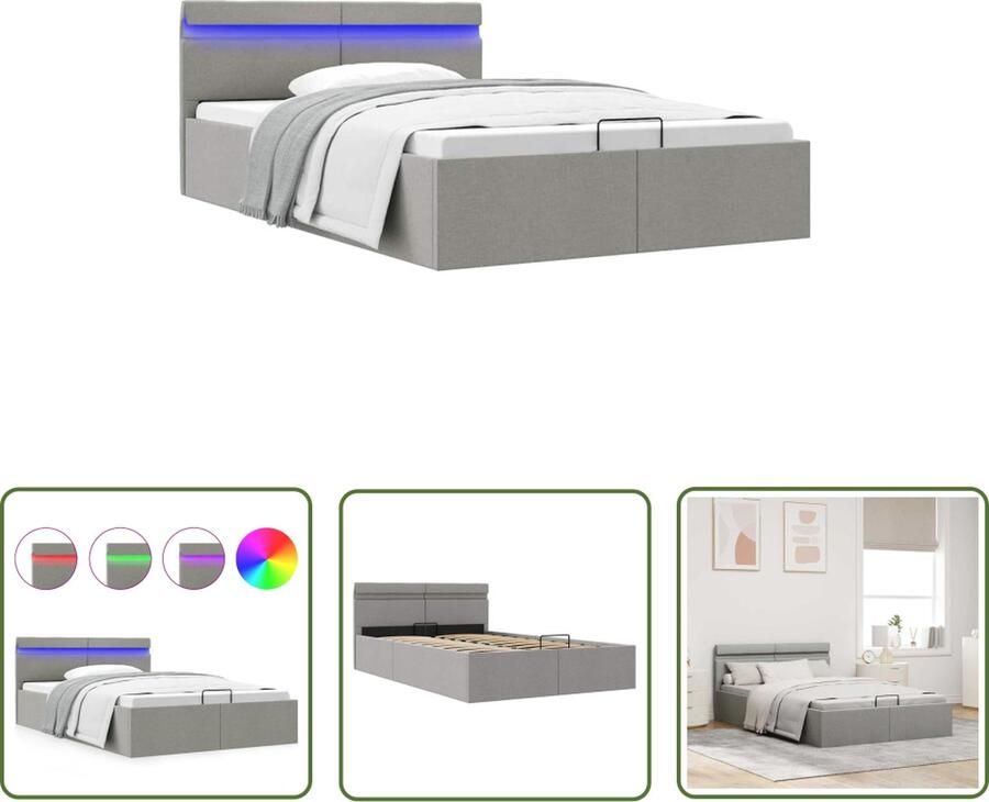 The Living Store Bedframe Stoffen bekleding Hydraulisch Lichtgrijs 211 x 128 x 73 cm LED-strip Hydraulisch Bed Stof Bed Led Verlichting Bed Boxspring Bed Dubbel Bed