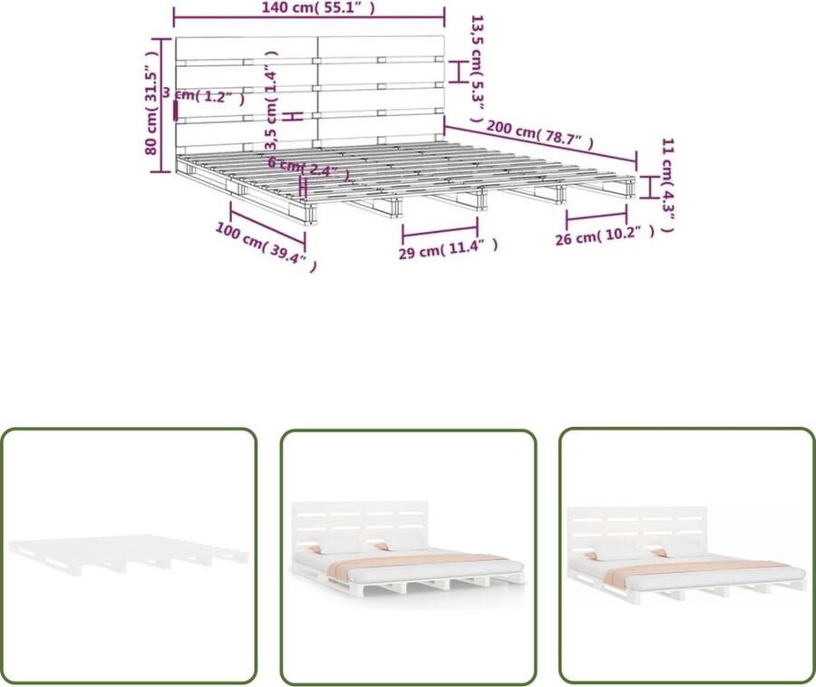 VidaXL Houten Bed Wit Bed Bedframe zonder matras massief grenenhout wit 140x200 cm Bed Frame Grenenhouten Bed Massief Houten Bed - Foto 2