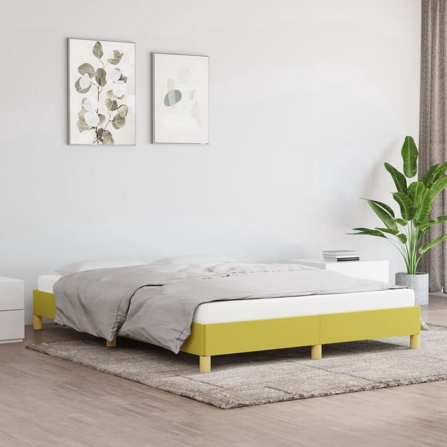 The Living Store Bedframe Groen Stof 193 x 143 x 25 cm Ondersteunende poten Multiplex lattenbodem Bed Frame Houten Bed Stoffen Bed Groene Bed Tweepersoons Bed