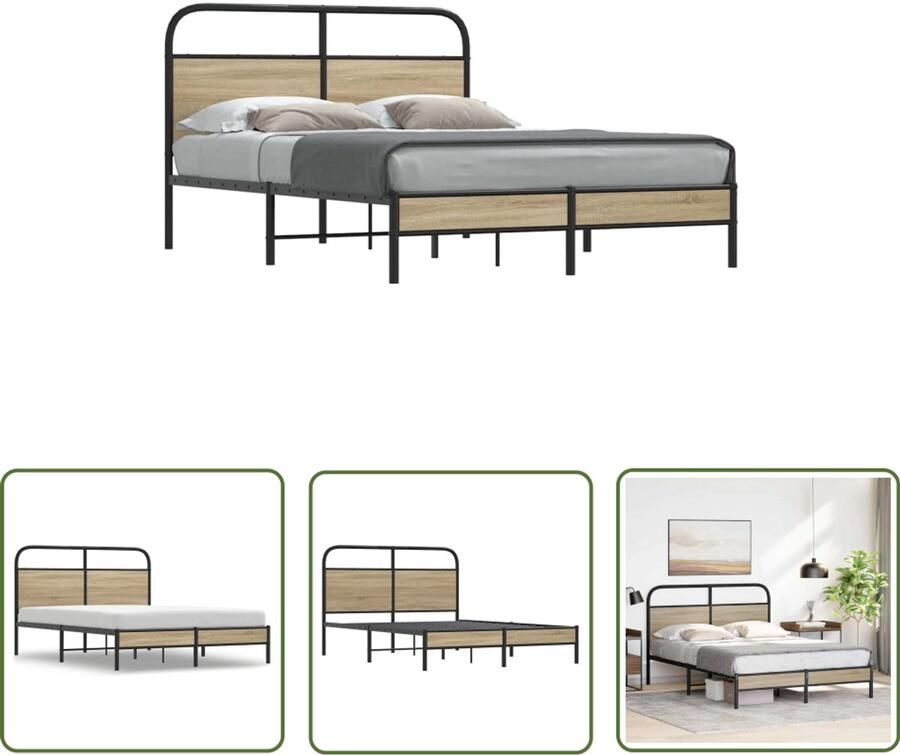 The Living Store Bedframe zonder matras bewerkt hout gerookt eiken 140x200 cm Robuust Bed Frame Houten Bed Frame Tweepersoons Bed Met Hoofdbord Metalen Bed Frame