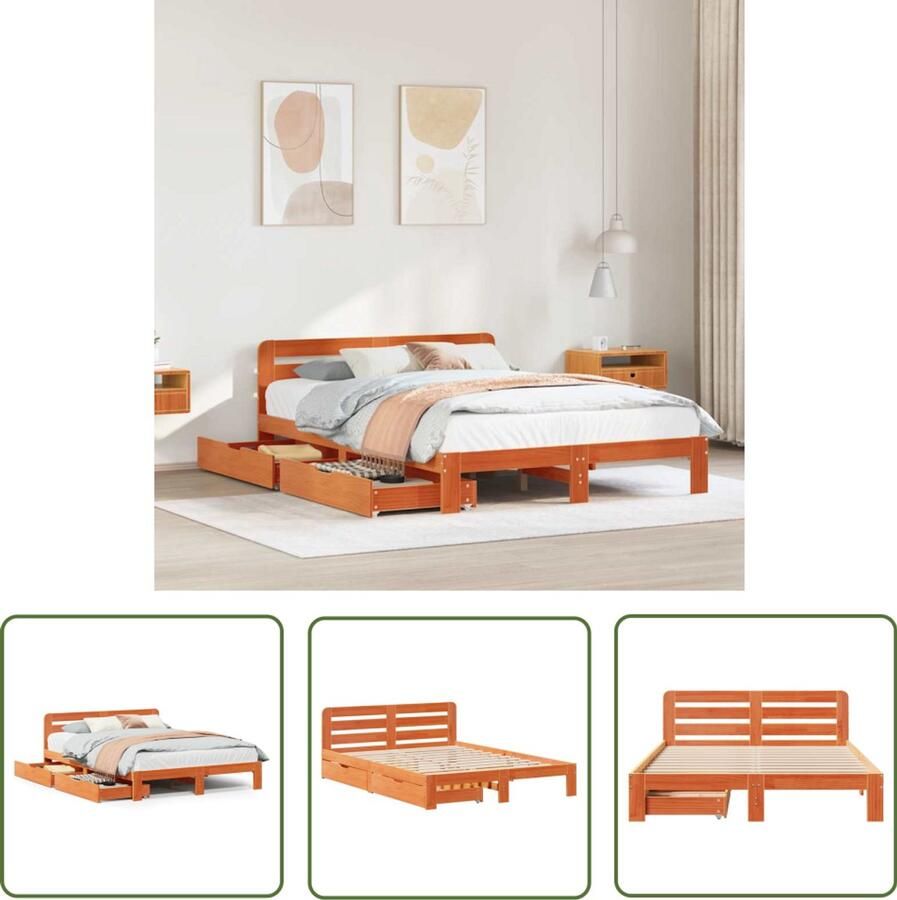 The Living Store Bedframe zonder matras massief grenenhout wasbruin 135x190 cm Massief Houten Bed Eenpersoons Bed Boxspring Bed Stapelbare Bedbodems Bed Met Laden