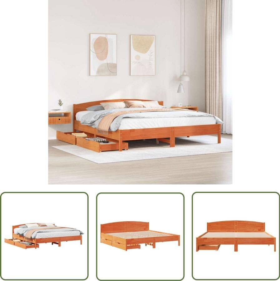 The Living Store Bedframe zonder matras massief grenenhout wasbruin 180x200 cm Slaapcomfort Houten Bedframe Boxspring Bed Tweepersoons Bed Stapelbare Laden