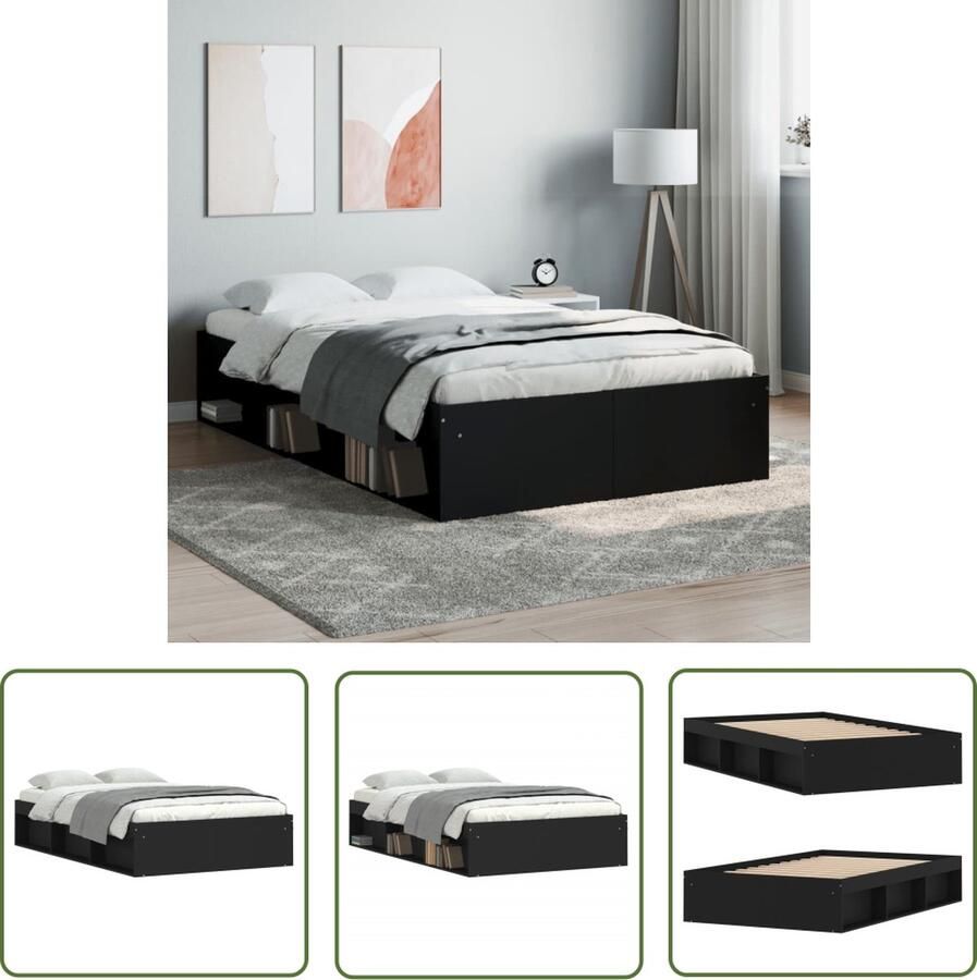 The Living Store Bedframe houten zwart 203 x 123 x 35 cm met opbergruimte Houten Bed Frame Zwarte Bedpost Tweepersoons Bed Boxspring Bed Modern Bed - Foto 2