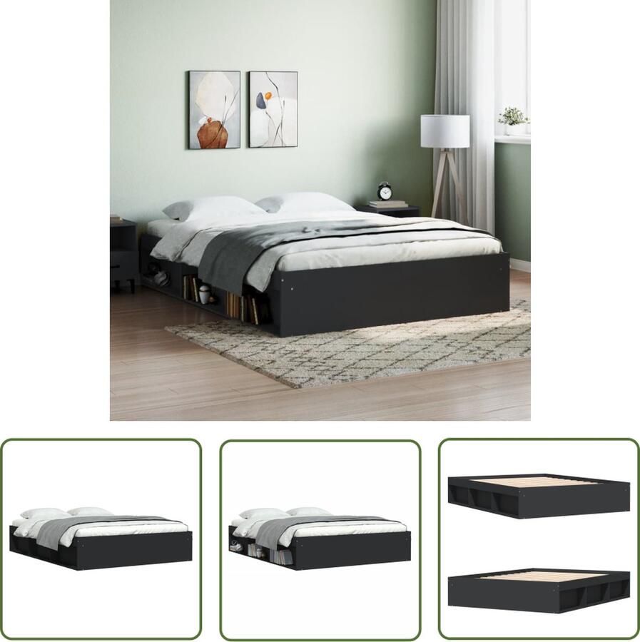 The Living Store Bedframe Slaapkamermeubel 203 x 143 x 35 cm Zwart Duurzaam materiaal Modern Bedframe Tweepersoons Bed Zwart Bed Houten Bed Met Opbergvakken - Foto 2