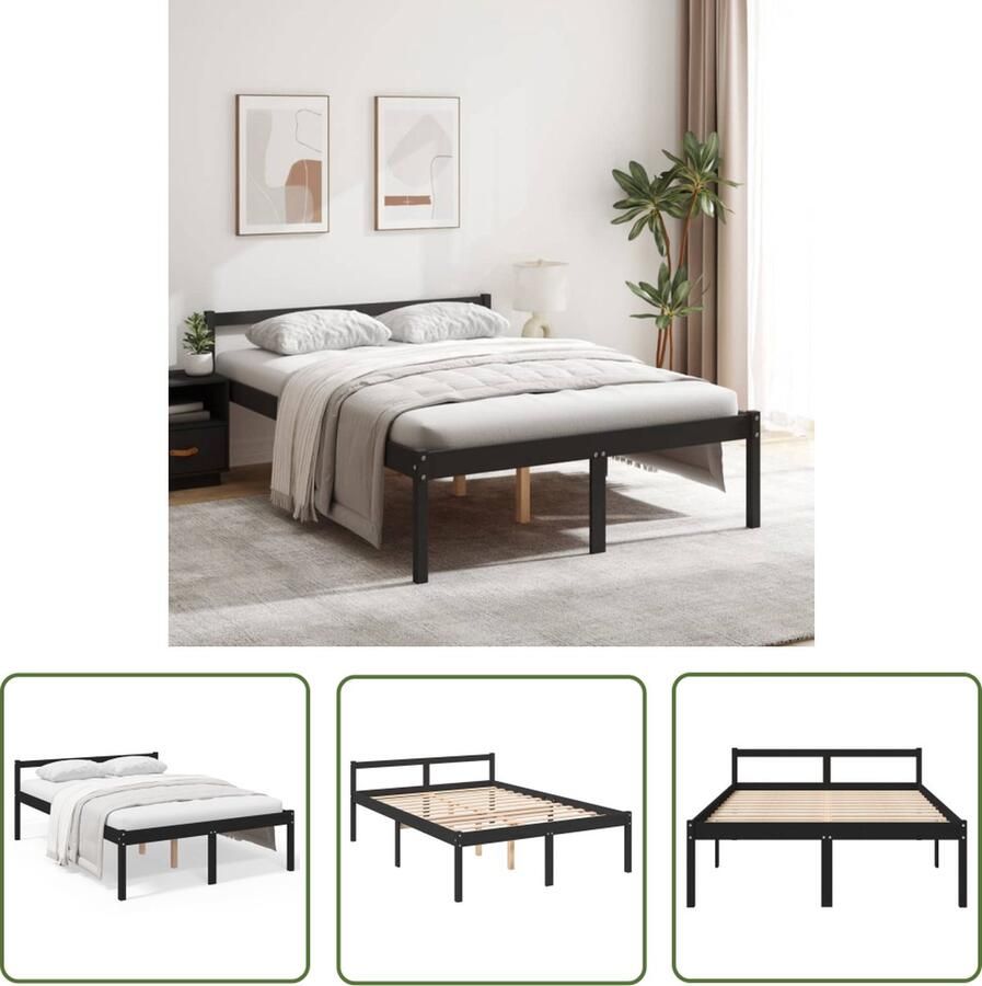 The Living Store Bedframe massief grenenhout zwart 135x190 cm 4FT6 double Bedframe Bedframes Bed Bedbodem Ledikant Bed Frame Massief Houten Bedframe Slaapmeubel Tweepersoonsbed Bedden Bedbodems - Foto 2