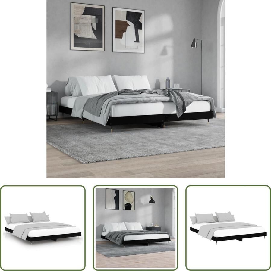 The Living Store Bedframe Zwarte bewerkt houten bedframe met metalen poten Multiplex lattenbodem Afmetingen- 203 x 203 x 20 cm Geschikt voor matras 200 x 200 cm Montage vereist