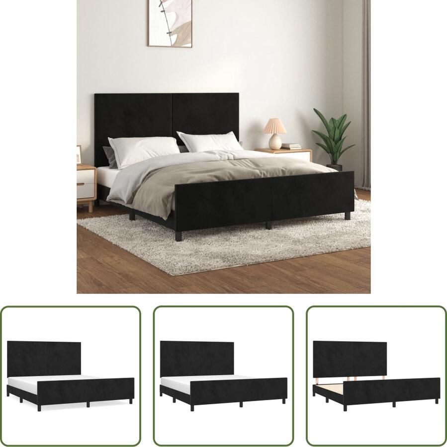 The Living Store Bedframe Zwarte fluwelen Verstelbare hoofdeind Hoogste ondersteuning Massief larikshout Multiplex 203x166x118 128cm (LxBxH) 160x200cm matrascompatibel Bedframe Boxspring Tweepersoonsbed Zithoogte Hoofdbord