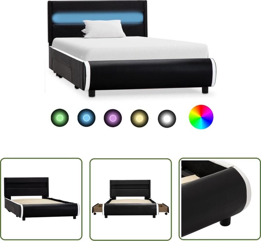The Living Store Bedframe Zwarte Kunstleren Bekleding 217 x 106 x 70 cm Met LED-strip en 2 lades