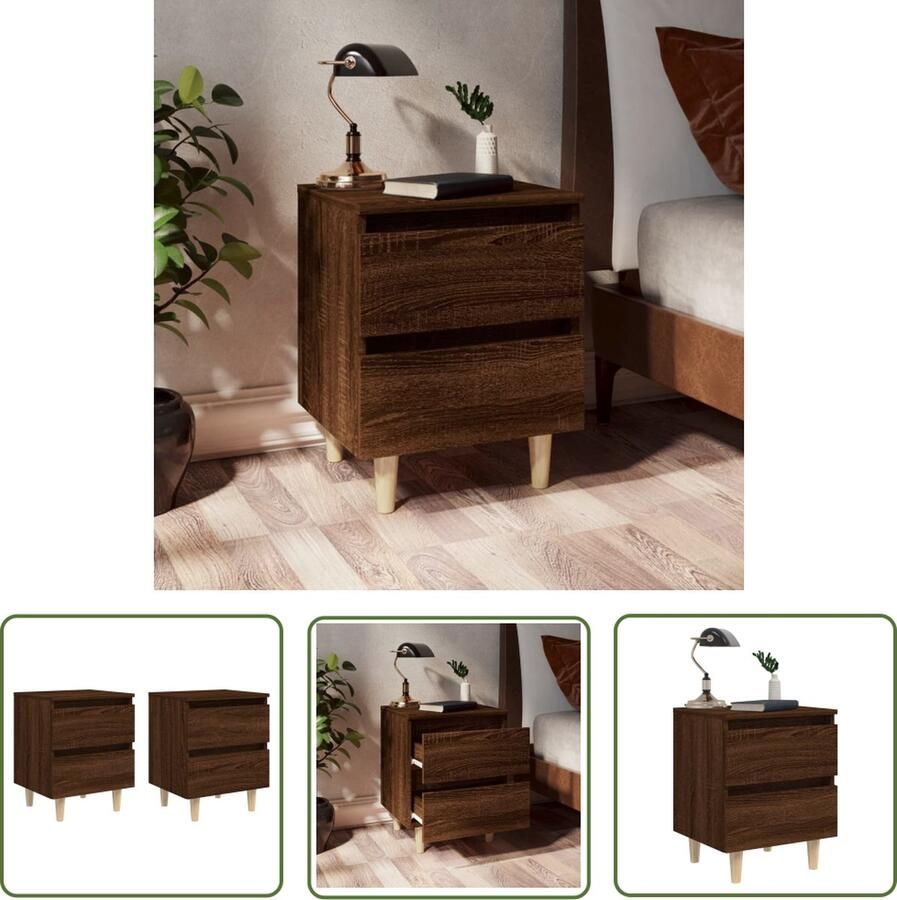 The Living Store Nachtkastjes 2 st met houten poten 40x35x50 cm bruineikenkleur Kast - Foto 3