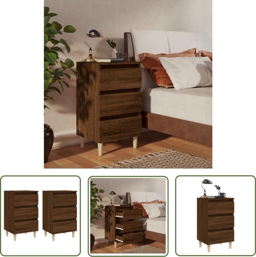 The Living Store Bedkastjes Scandinavisch design 40 x 35 x 69 cm Bruineiken Met 3 lades - Foto 2