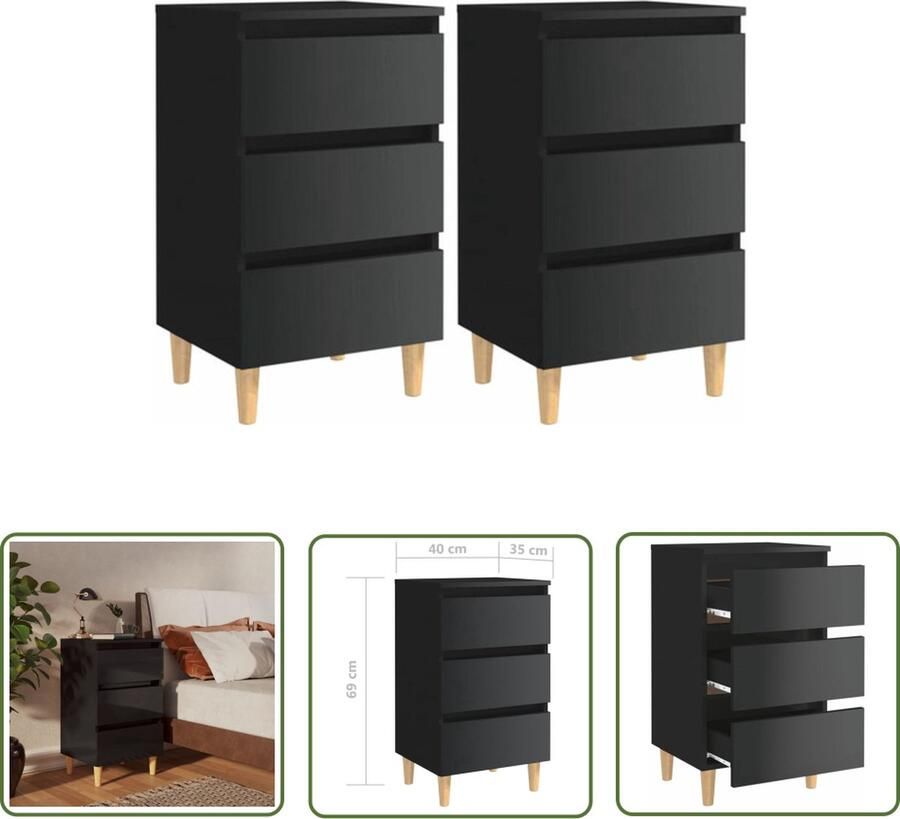 The Living Store Bedkastjes Scandinavische stijl 3 lades Hoogglans zwart 40 x 35 x 69 cm 2 stuks - Foto 2
