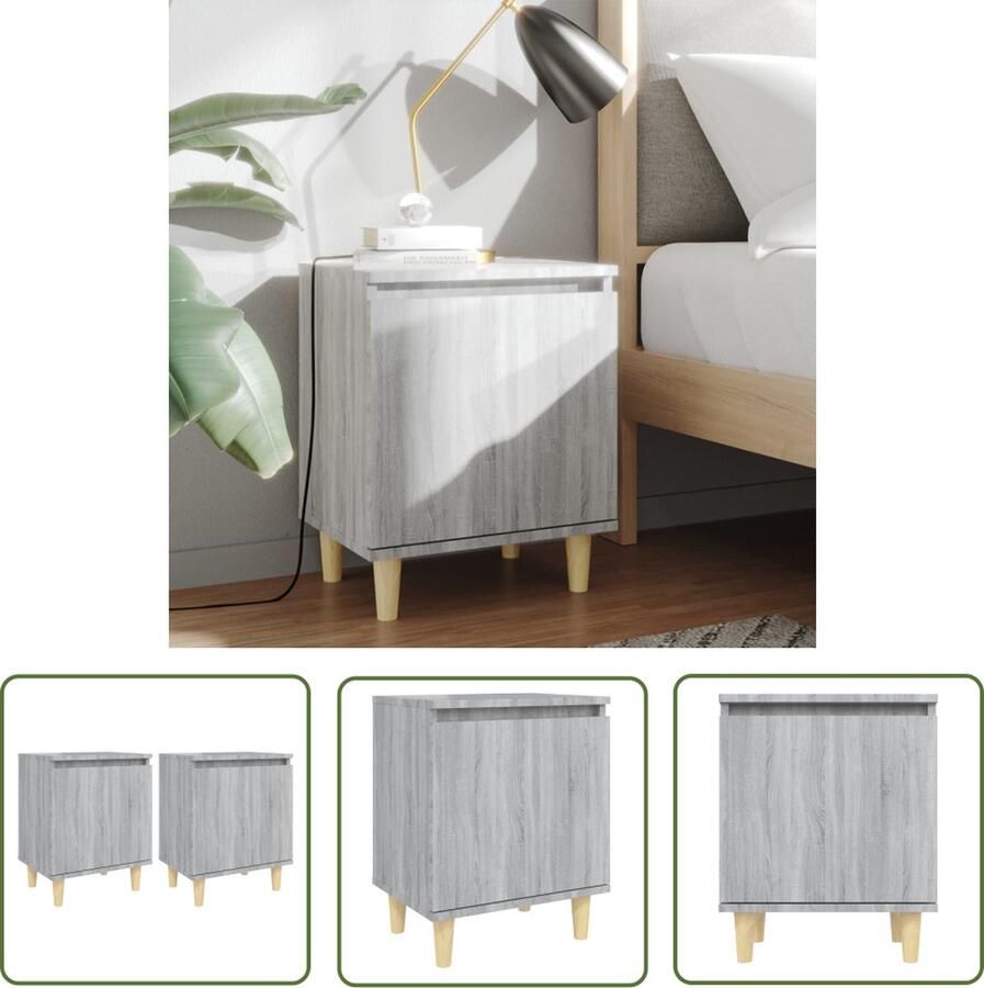 The Living Store Nachtkastjes 2 st met houten poten 40x30x50 cm grijs sonoma Kast - Foto 2