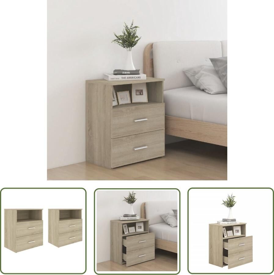 The Living Store Bedkastjes Sonoma Eiken 50 x 32 x 60 cm Stabiel en stevig 2 lades en schap Gemakkelijk schoon te maken Montage vereist Nachtkastjes Bedkastjes Salontafel Houten Meubilair Sonoma Eiken - Foto 2