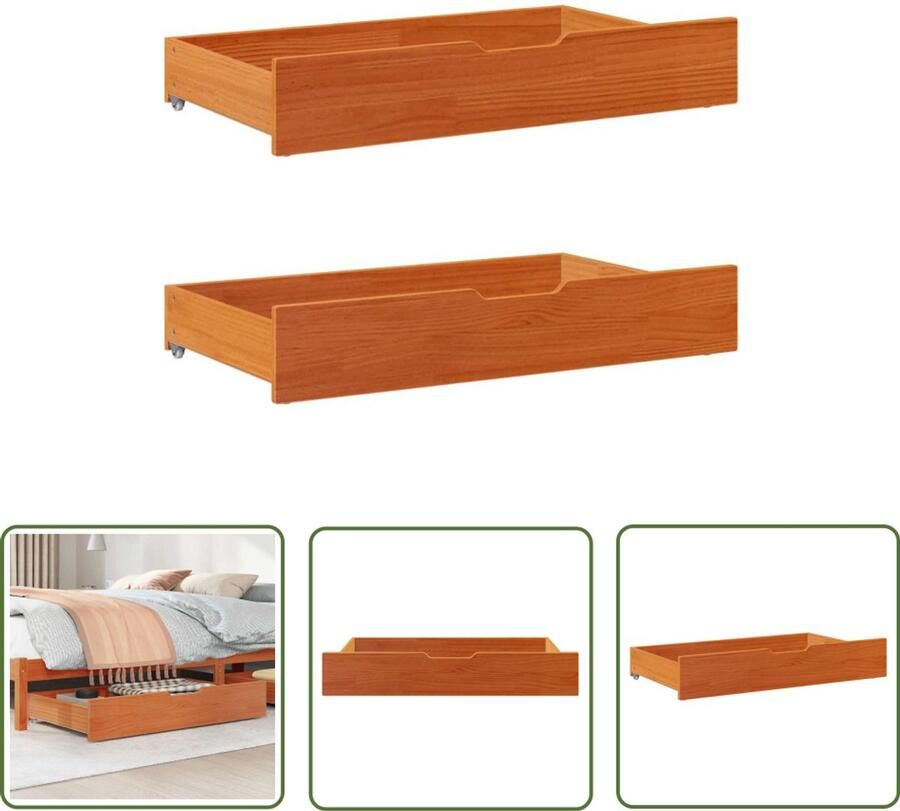 The Living Store Bedlades 2 st 90x55x16 massief grenenhout wasbruin Bedladekasten Opbergkasten Houten Kasten Slaapkamers Onderbedopslag
