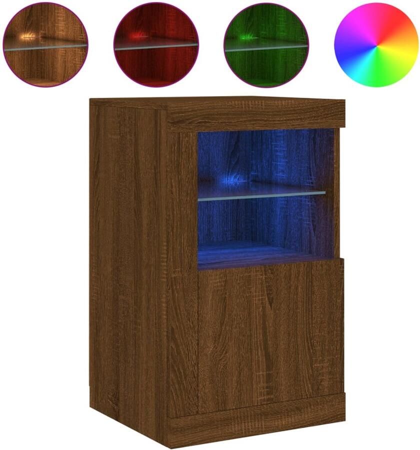 The Living Store Bijzetkast met LED-verlichting bewerkt hout bruin eikenkleur Bijzetkast Led Lampen Houten Kast Bruine Eiken Opbergkast - Foto 2