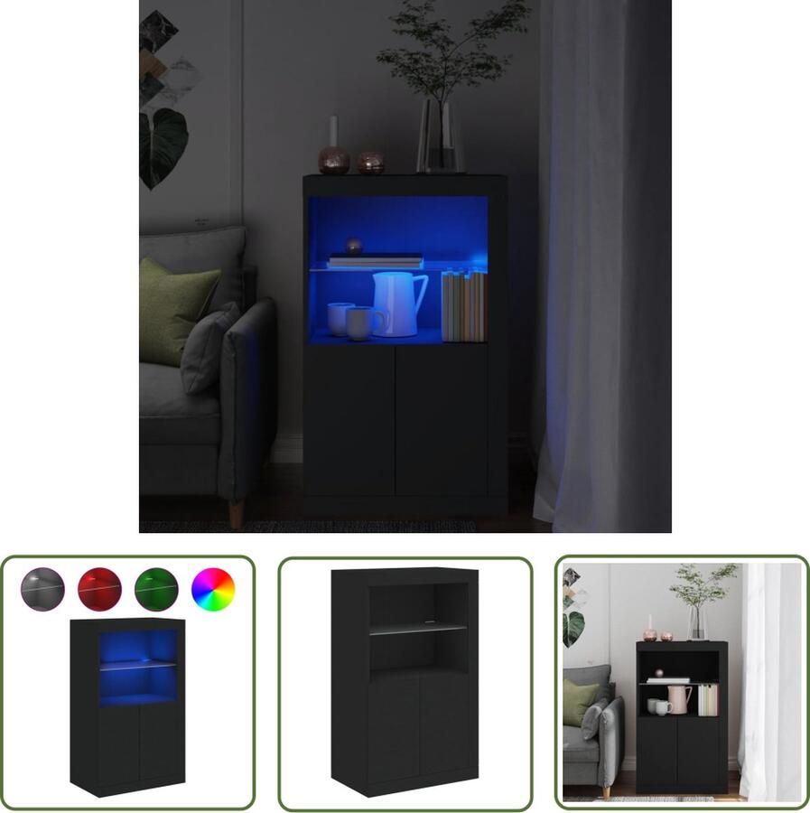 The Living Store Bijzetkast LED-verlichting Duurzaam hout RGB Opbergruimte Zwart 60.5x37x100cm Bijzetkast Led Verlichting Houten Kast Opbergkast Zwarte Kast - Foto 3