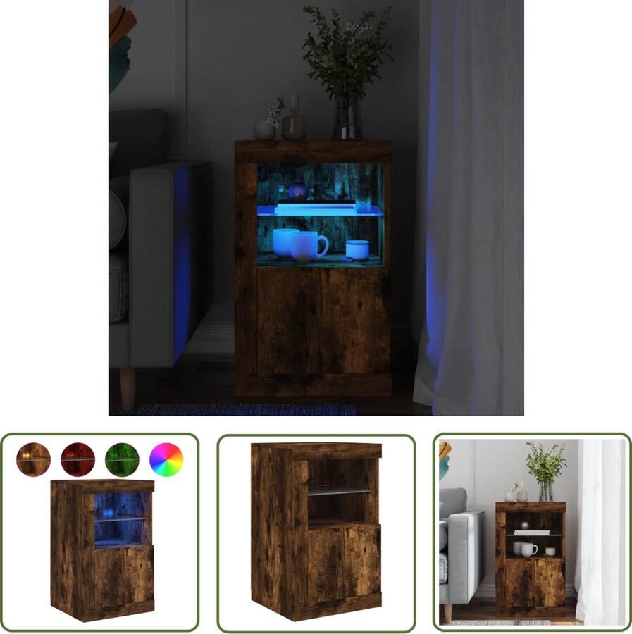 The Living Store Bijzetkast LED-verlichting Opbergruimte Flexibele deur Gerookt eiken 41x37x67cm Bijzettafel Led Lampen Opbergkast Houten Kast Bruine Kast - Foto 3