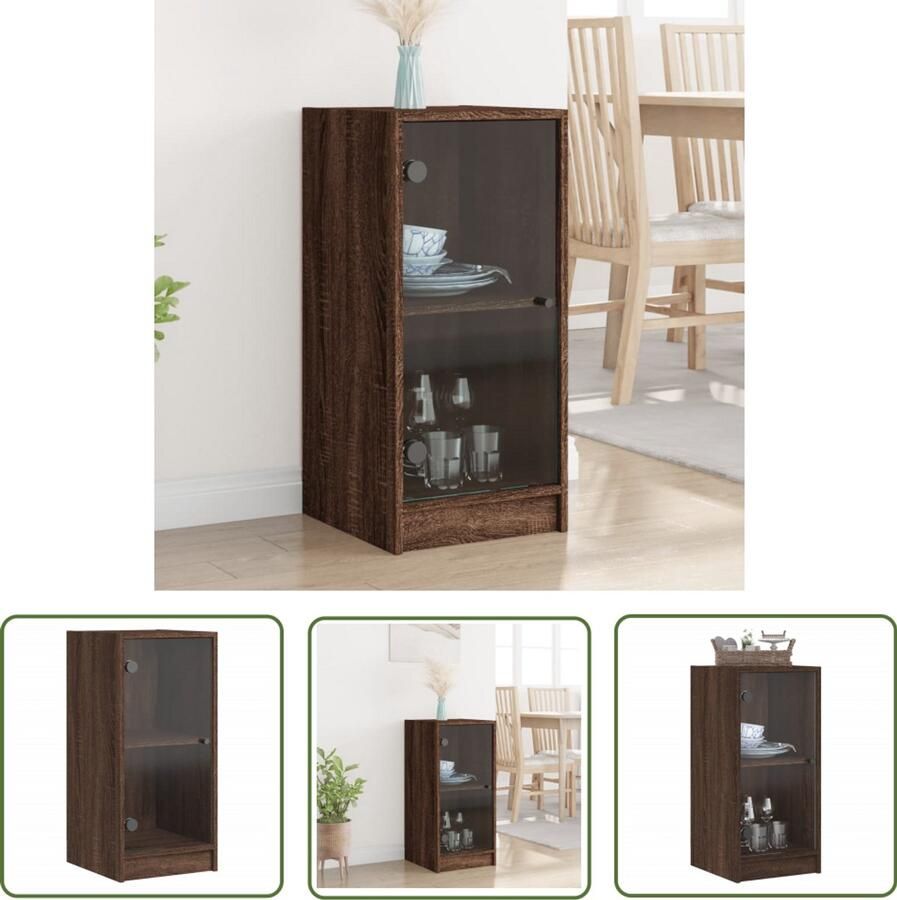 The Living Store Bijzetkast met glazen deuren 35x37x75 5 cm bruin eikenkleur Dressoir Bijzettafel Houten Kast Vintage Stijl Opbergkast
