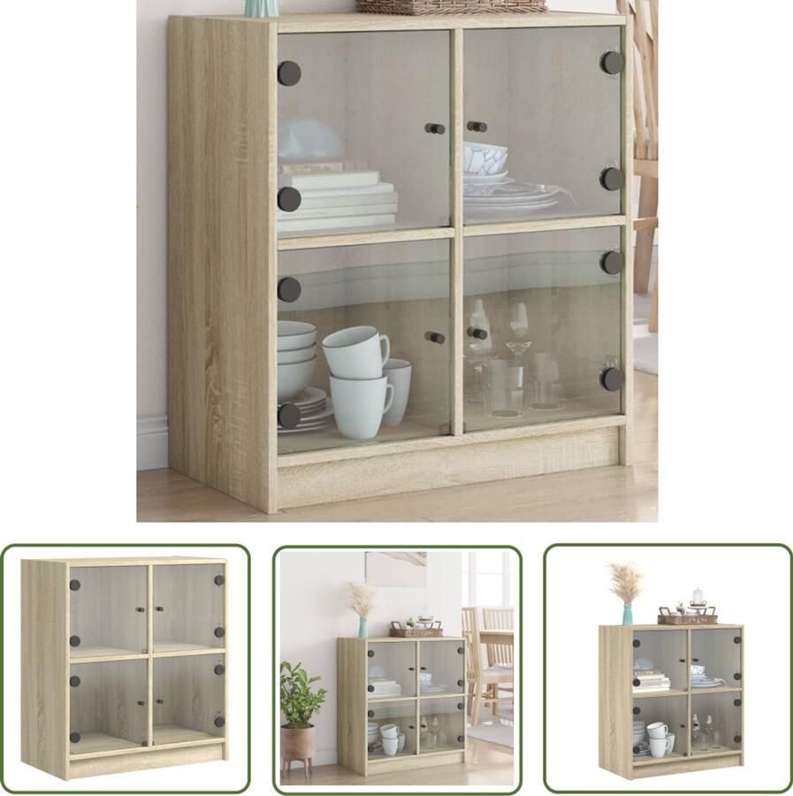The Living Store Bijzetkast met glazen deuren 68x37x75 5 cm sonoma eikenkleurig Dressoir Bijzettafel Houten Meubel Vintage Design Opslagoplossing