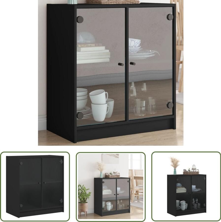The Living Store Bijzetkast met glazen deuren 68x37x75 5 cm zwart Dressoir Bijzettafel Houten Kast Zwarte Kast Vitrinekast