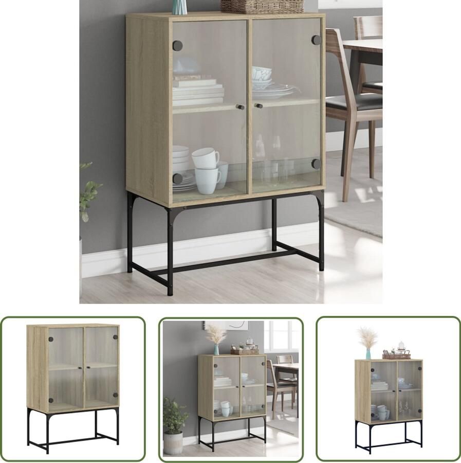 The Living Store Bijzetkast met glazen deuren 69x37x100 cm sonoma eikenkleurig Dressoir Bijzetkast Salontafel Houten Kast Vintage Kast