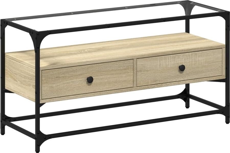 The Living Store Tv-meubel met glazen blad 98x35x51 cm bewerkt hout sonoma eiken Tv Kast Salontafel Houten Tv-standaard Media Kast Living Room Furniture - Foto 2