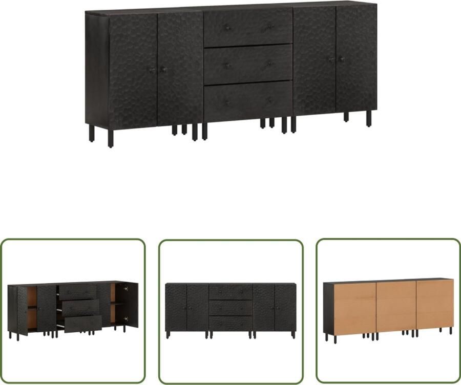 The Living Store Bijzetkasten 3 st 60x33x75 cm massief mangohout zwart Dressoir Mango Wood Opbergkast Salontafel Interieurdecoratie