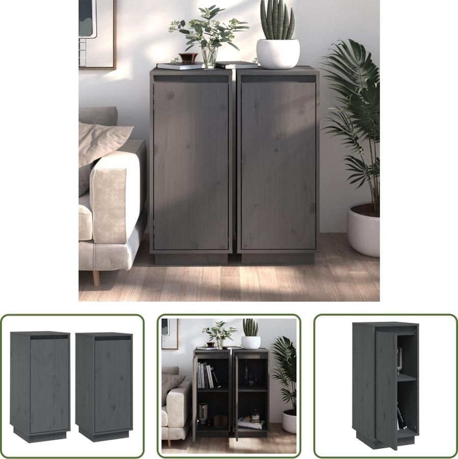 The Living Store Dressoirs 2 st 31 5x34x75 cm massief grenenhout grijs Bijzettafel Dressoir Massief Hout Grenshouten Meubel Opbergkast