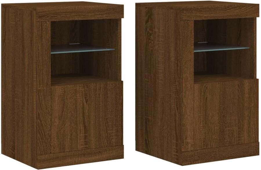 The Living Store Bijzetkastjes met LED 2 st bewerkt hout bruin eikenkleur Bijzetkasten Led Verlichting Houten Kast Bruine Eiken Opbergkast - Foto 2