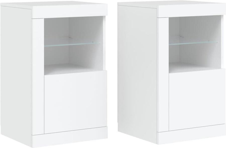 The Living Store Bijzetkastjes met LED-verlichting 2 st bewerkt hout wit Bijzetkast Led Lamp Houten Kast Opbergkast Nachtlamp - Foto 2