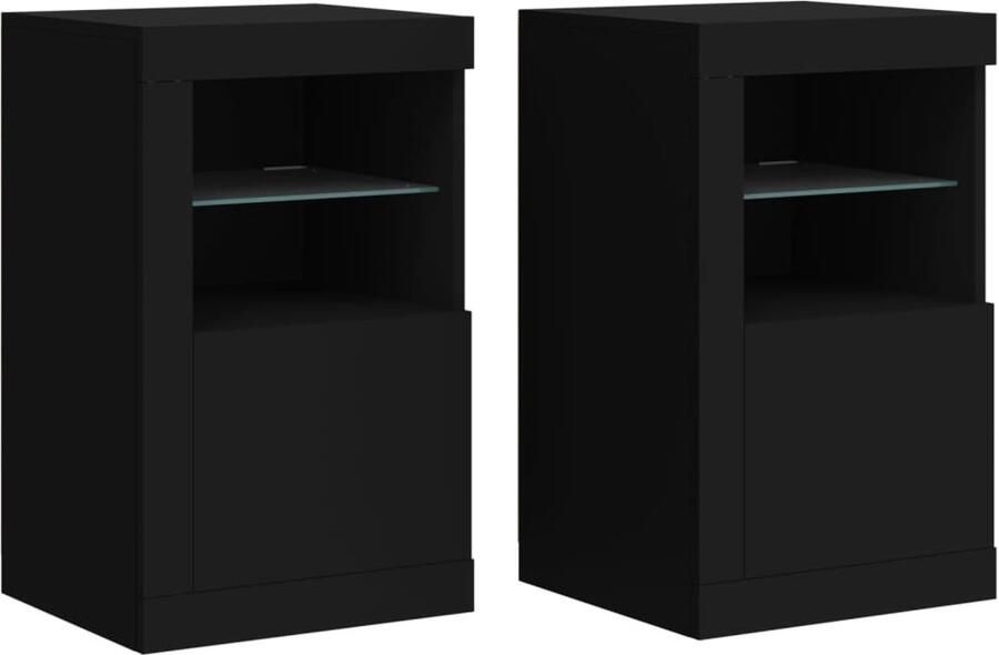 The Living Store Bijzetkastjes met LED-verlichting 2 st bewerkt hout zwart Bijzetkasten Led Verlichting Houten Kast Opbergkast Nachtlamp - Foto 2