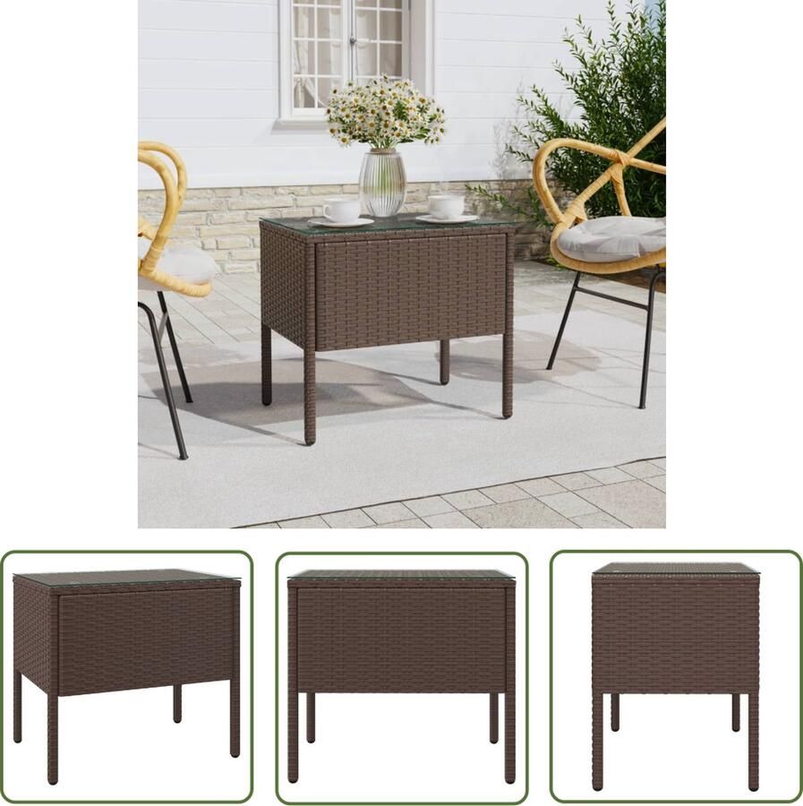 The Living Store Bijzettafel 53x37x48 cm poly rattan en gehard glas bruin Bijzettafel Salontafel PE-rattan Houten Tafel Buitentafel