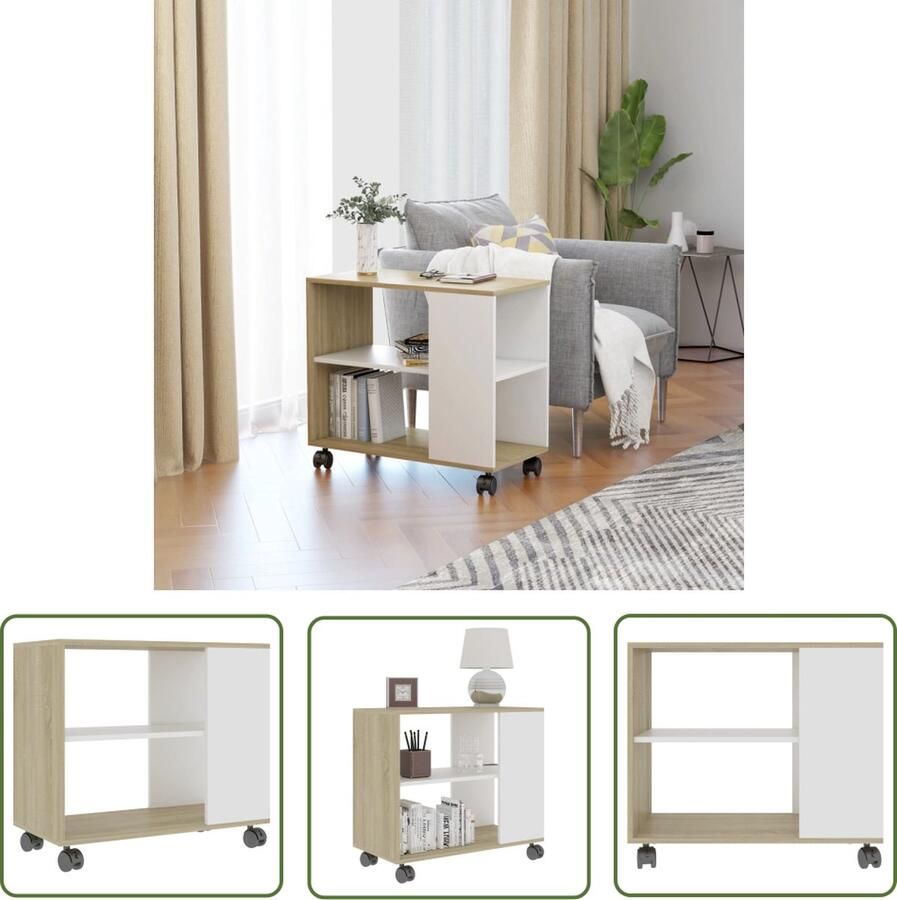 The Living Store Bijzettafel Hout 70 x 35 x 55 cm Met 2 lagen en 4 wielen