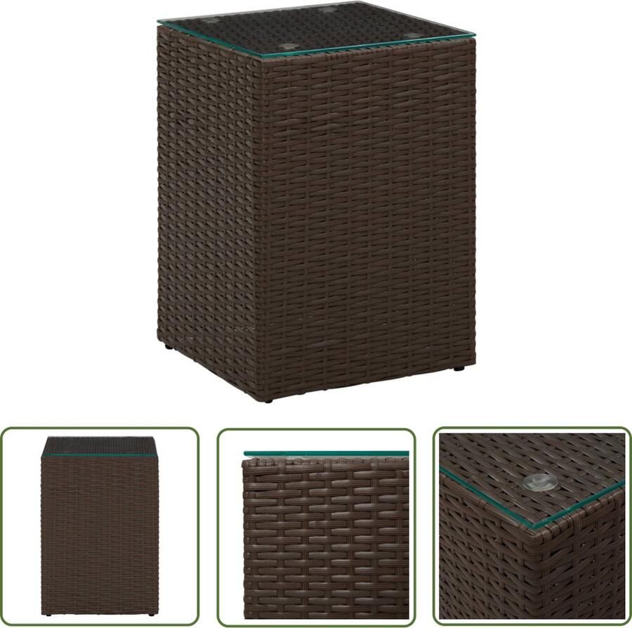 The Living Store Bijzettafel met glazen blad 35x35x52 cm poly rattan bruin Bijzettafel Salontafel Polyrattan Tafellaar Buitentafel Terrasmeubel