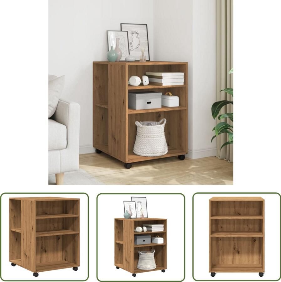 The Living Store Bijzettafel met wieltjes 55x60x78 cm hout artisanaal eikenkleur Bijzettafel Salontafel Houten Meubels Eiken Meubilair Opbergkast