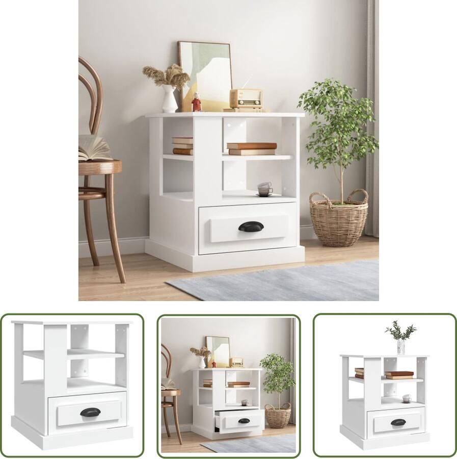 The Living Store Bijzettafel 50x50x60 cm bewerkt hout wit Bijzettafel Salontafel Houten Tafeltje Witte Bijzetkast Rustic Design - Foto 2