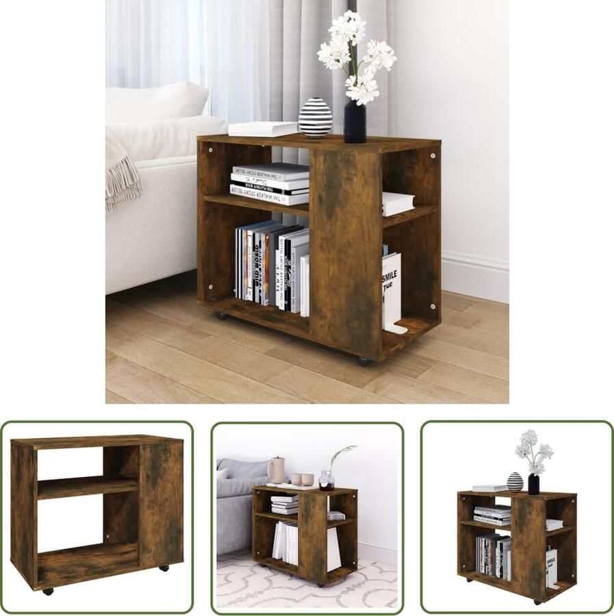 The Living Store bijzettafel Smoked Eiken 70x35x55cm met opbergruimte en wielen Bijzettafel Houten Bijzettafel Smoked Oak Bijzetkastje Kastje Met Wieltjes - Foto 2