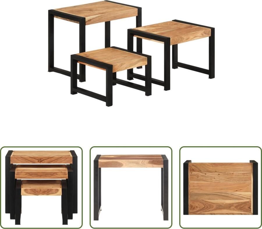 The Living Store Bijzettafels Vintage Stijl Massief Acaciahout Sheesham Afwerking Stalen Frame Set van 3 Bijzet Tafels Vintage Meubels Massief Hout Meubels Acaciahout Sheesham Afwerking - Foto 3