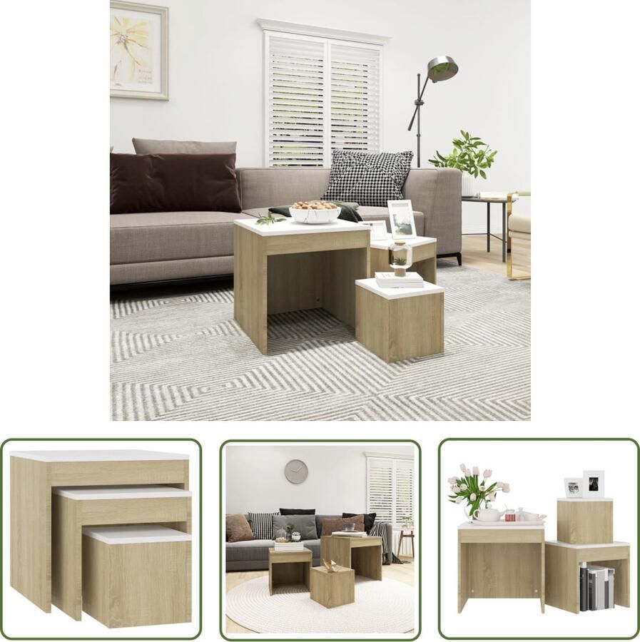 The Living Store Bijzettafelset Multifunctioneel Wit Sonoma Eiken 45x45x45 cm Montage vereist - Foto 2