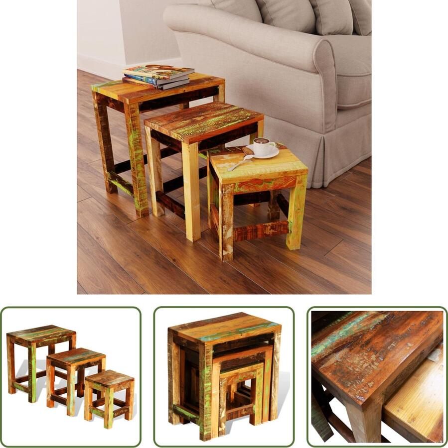 The Living Store 3-delige Bijzettafeltjesset vintage stijl gerecycled hout Tafel - Foto 2