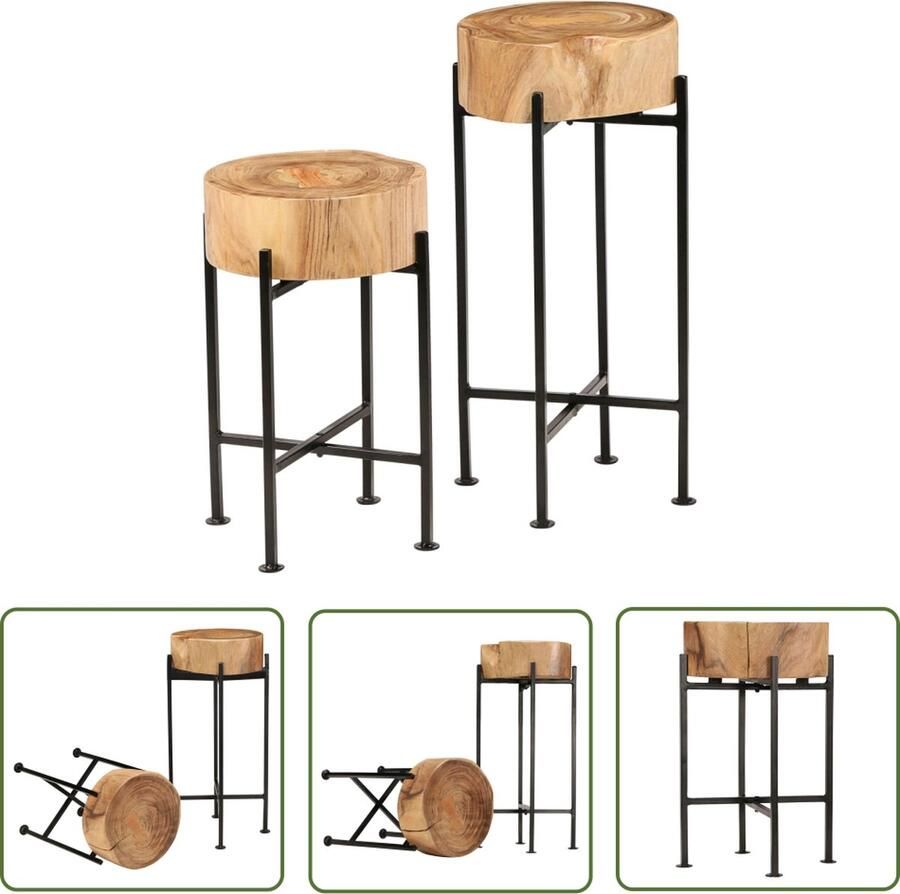The Living Store Bijzettafeltjes Set van 2 Acaciahout Staal Industriële stijl 30x30x45cm 30x30x60cm - Foto 2